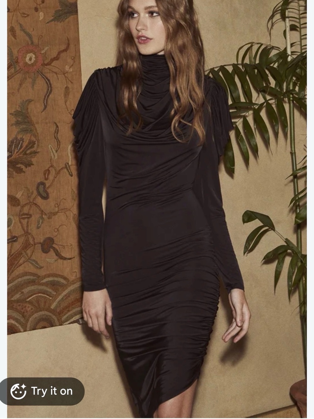 Bisou Bisou Black Ruched Midi Turtleneck Dress